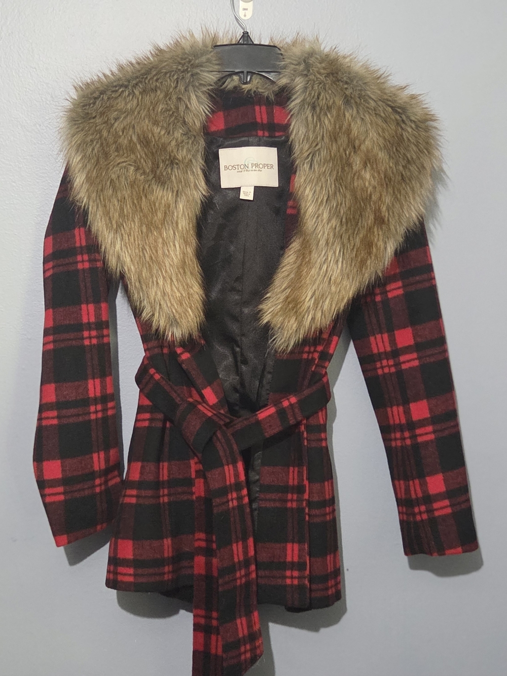 Boston Proper Plaid Coat with Removable Faux Fur Shawl Collar Wool Blend